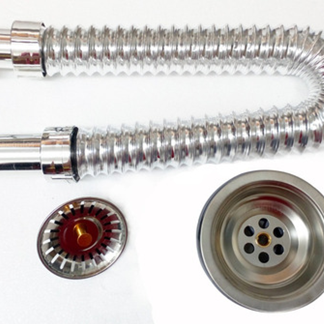 Sifón Flexible Lavaplatos Cromado Con Canastilla En Acero 6