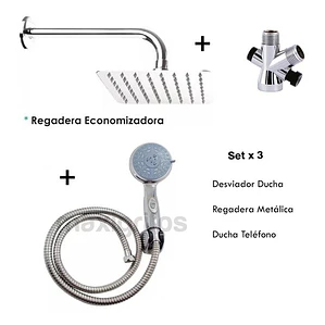 Combo X 3 Regadera Metálica 25x25, Ducha Telefono, Desviador