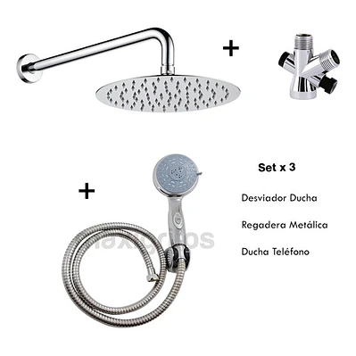 Combo X 3 Regadera Metálica 15x15, Ducha Telefono, Desviador