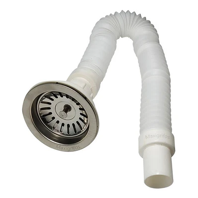 Sifón Flexible Lavaplatos Blanco Con Canastilla En Acero