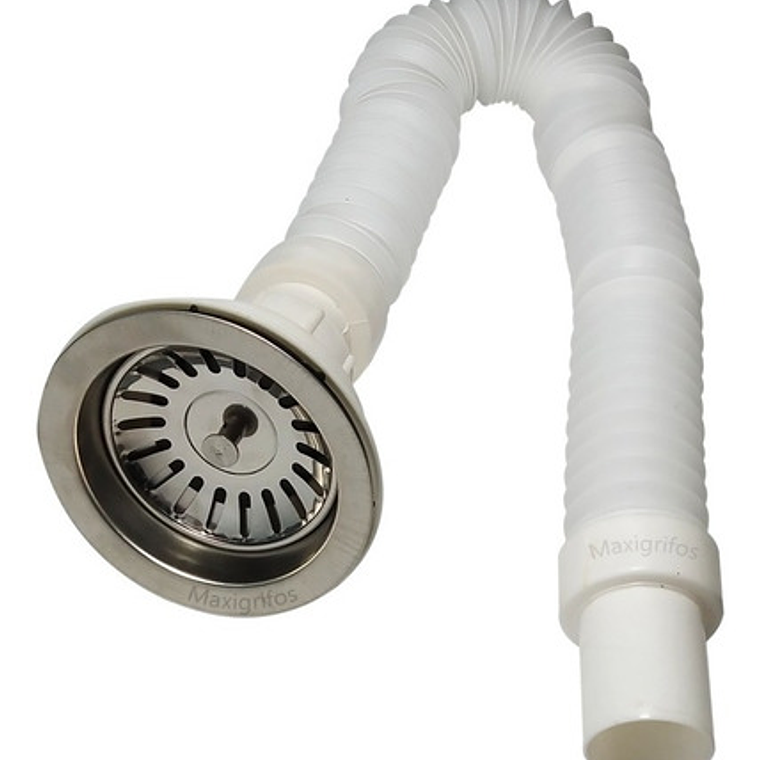 Sifón Flexible Lavaplatos Blanco Con Canastilla En Acero 1