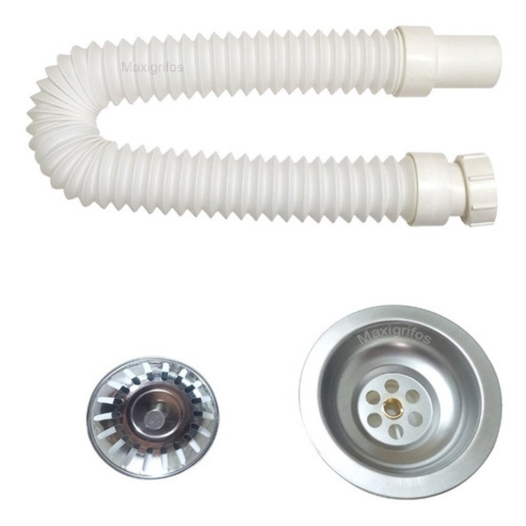 Sifón Flexible Lavaplatos Blanco Con Canastilla En Acero 6