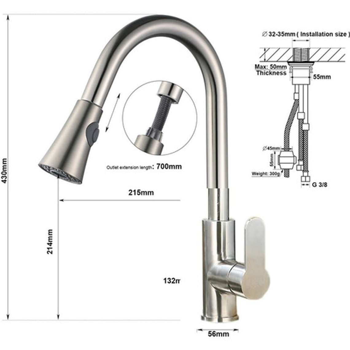 Mezclador Para Lavaplatos Extraíble En Acero Inoxidable Acabado Cepillado Color Gris 2