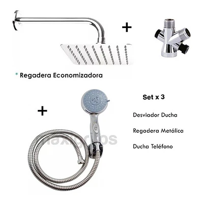 Combo X 3 Regadera Metálica 20x20, Ducha Telefono, Desviador