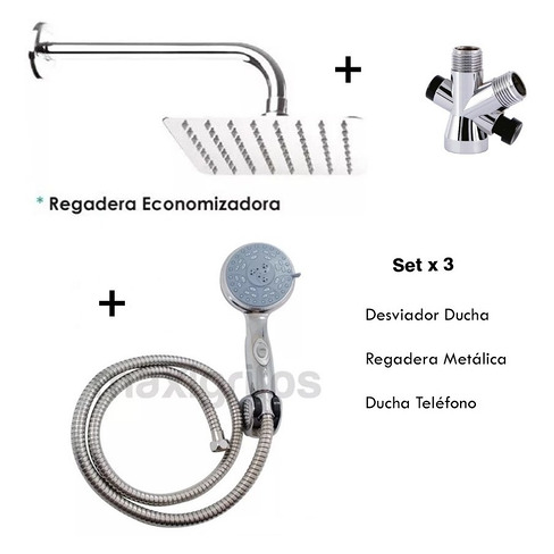 Combo X 3 Regadera Metálica 20x20, Ducha Telefono, Desviador 1