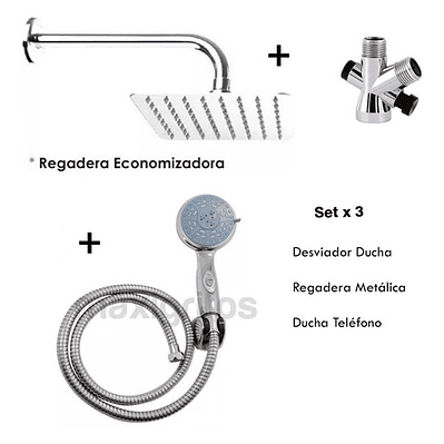 Combo X 3 Regadera Metálica 20x20, Ducha Telefono, Desviador