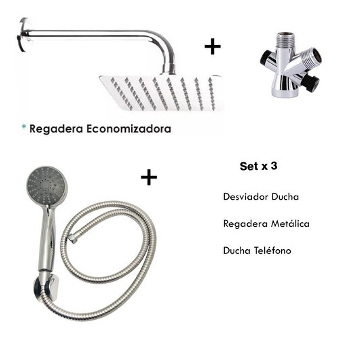 Combo X 3 Regadera Metálica 25x25, Ducha Telefono, Desviador 2