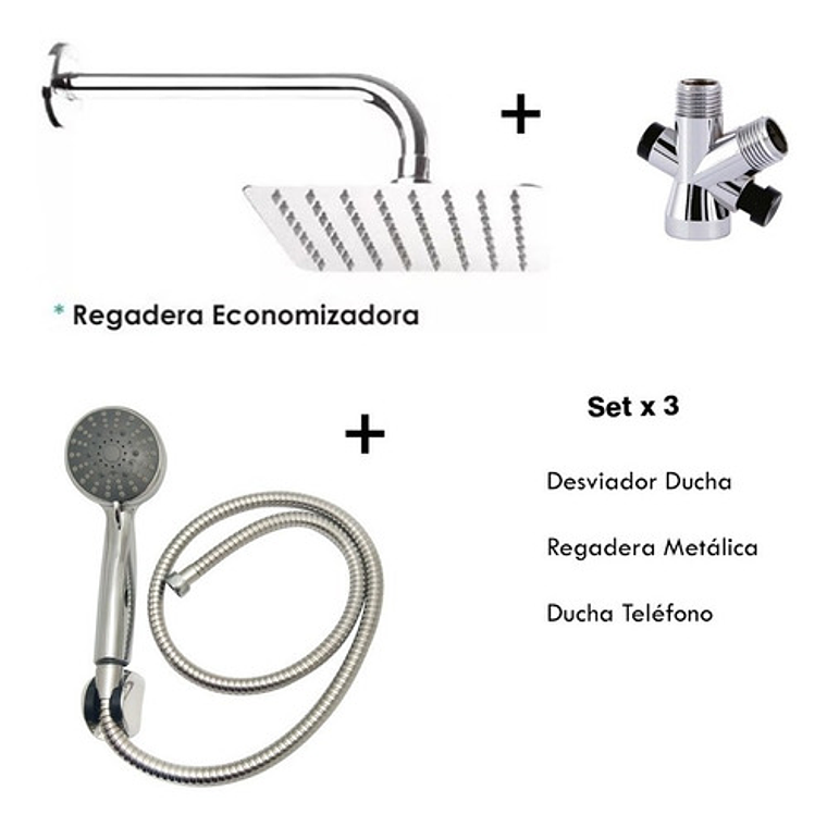 Combo X 3 Regadera Metálica 25x25, Ducha Telefono, Desviador 2