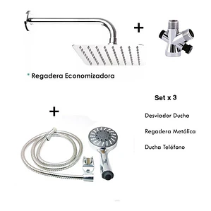 Combo X 3 Regadera Metálica 15x15, Ducha Telefono, Desviador