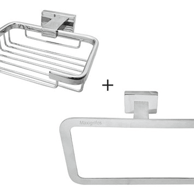 Juego Accesorios Metálicos Jabonera Y Toallero Cuadrados