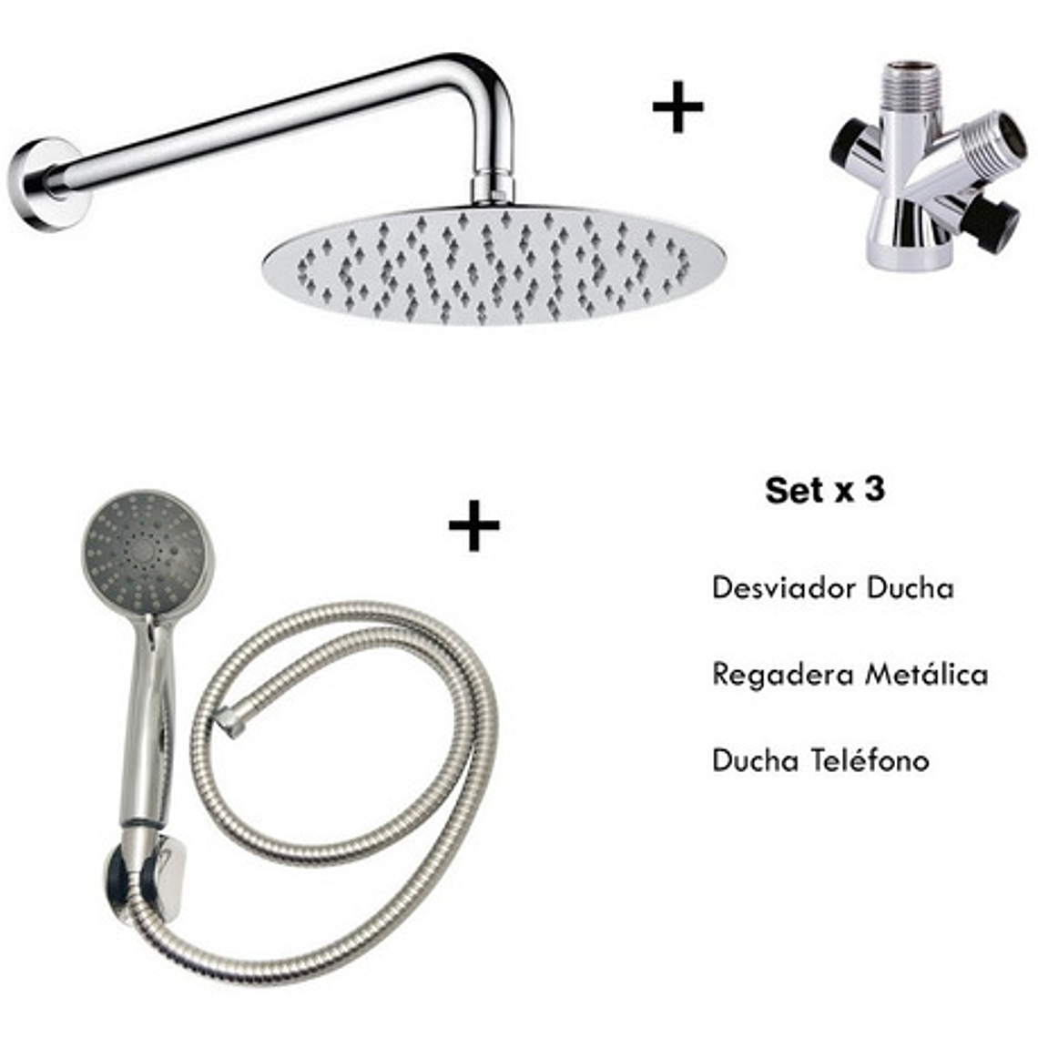 Combo X 3 Regadera Metálica 15x15, Ducha Telefono, Desviador 2