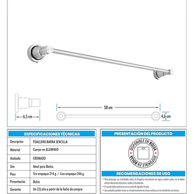 Toallero Barra De 28 Cm En Aluminio Boccherini