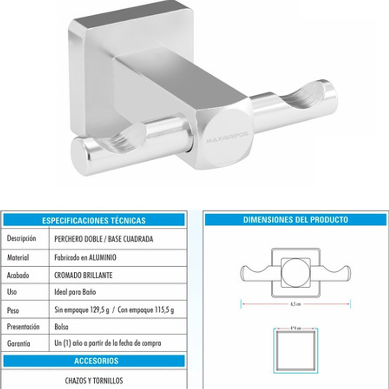 Perchero Gancho Para Baño Cuadrado En Aluminio 3