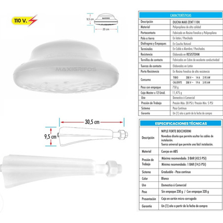 Ducha Eléctrica Maxi Zent Boccherini 120v Incluye Tubo  3