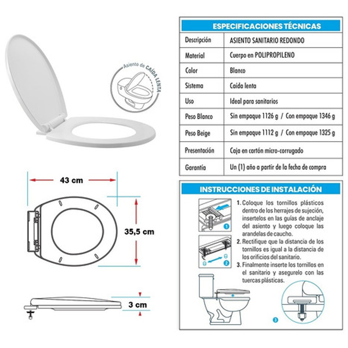 Tapa Asiento Para Sanitario Blanca Redonda Caída Lenta 4