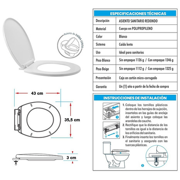 Tapa Asiento Para Sanitario Blanca Redonda Caída Lenta 4