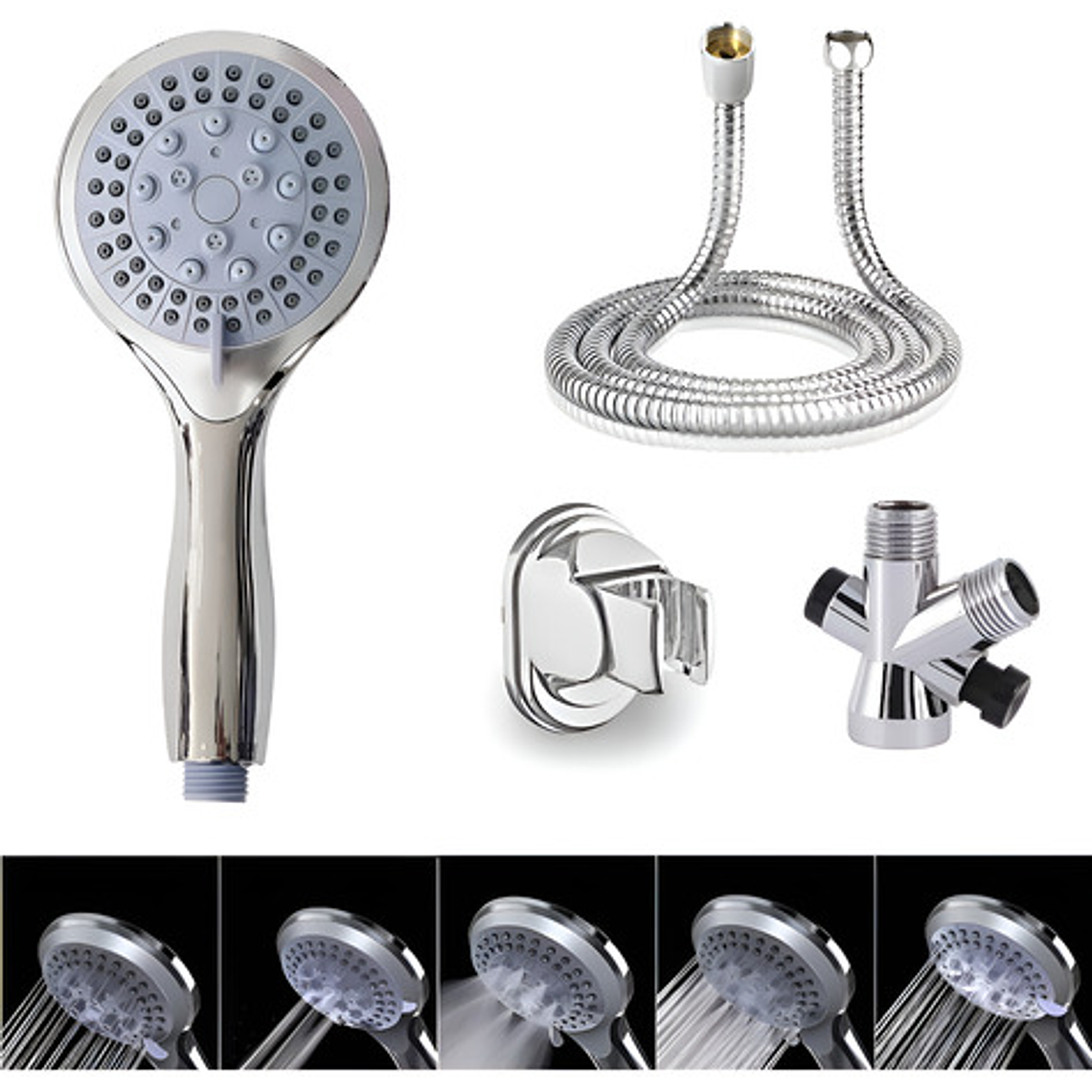 Ducha Teléfono 5 Funciones (tipos De Chorro) + Desviador Color Plateado 1