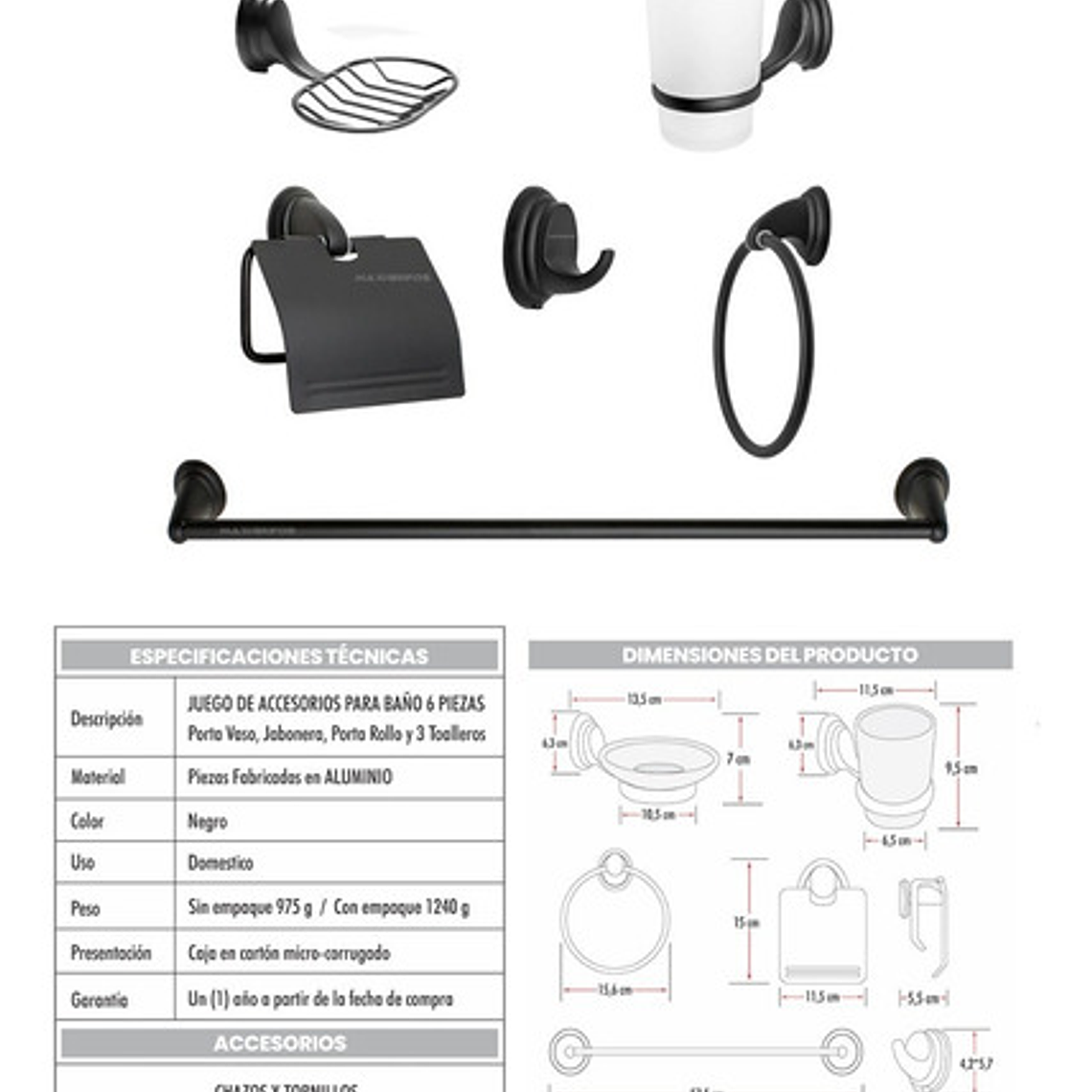 Juego De Accesorios Para Baño Negro Aluminio 6 Piezas 8