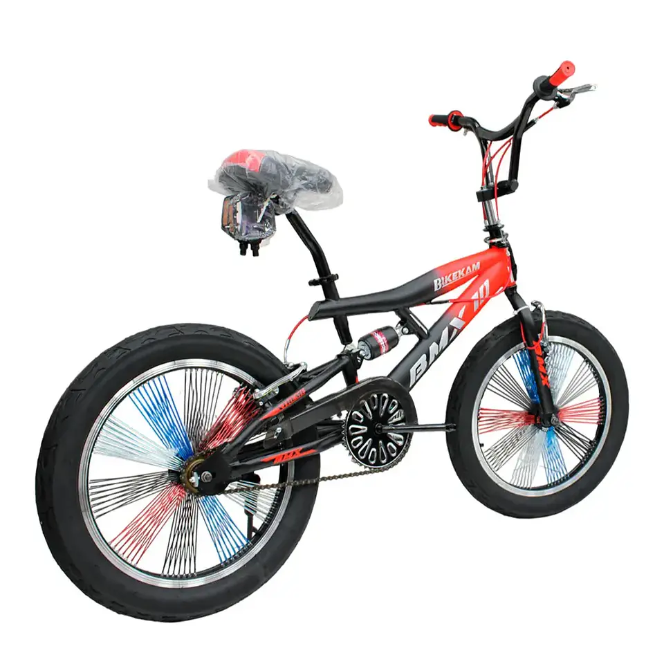Bicicleta BMX Aro 20 con Suspensión, Rayos de Colores y 4 Pegs Negro/Rojo 3