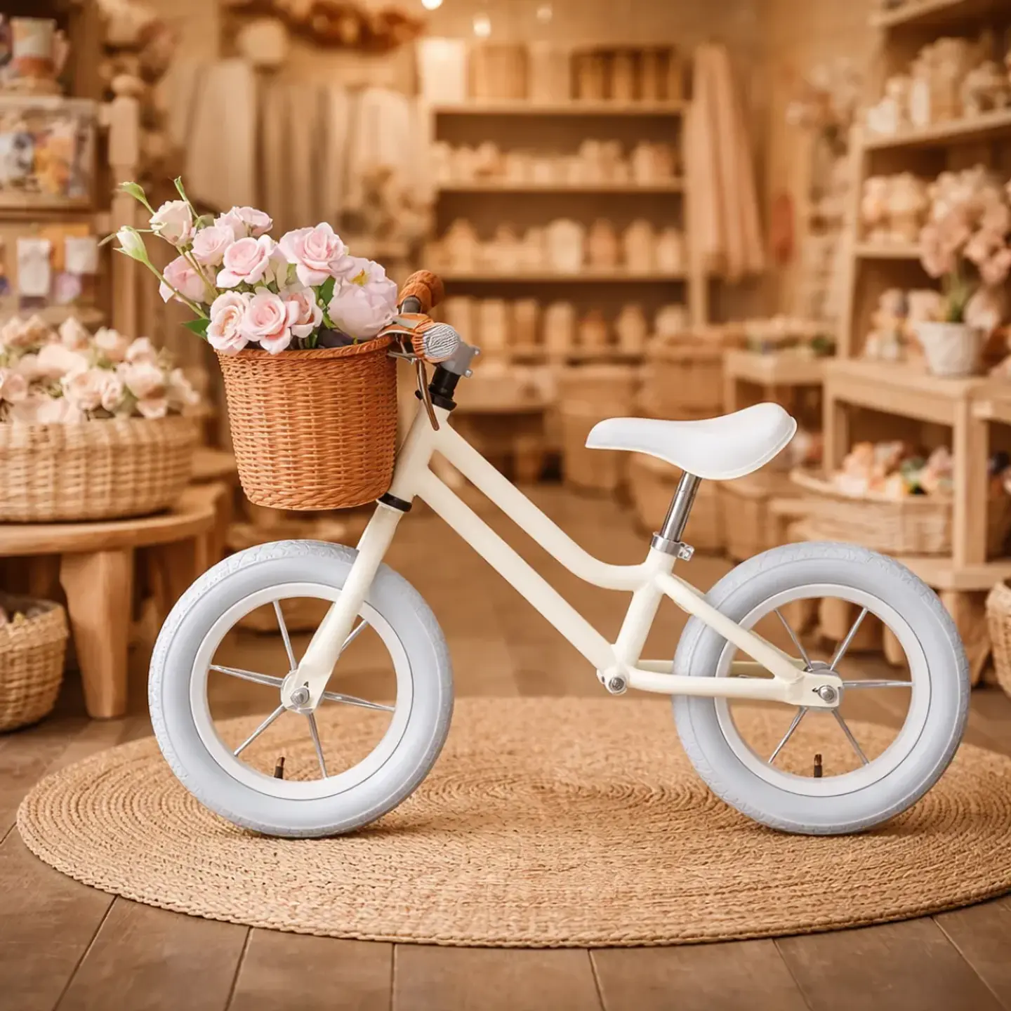 Bicicleta de Equilibrio Vintage Aro 12 para Niñas Hueso con Canasta 3