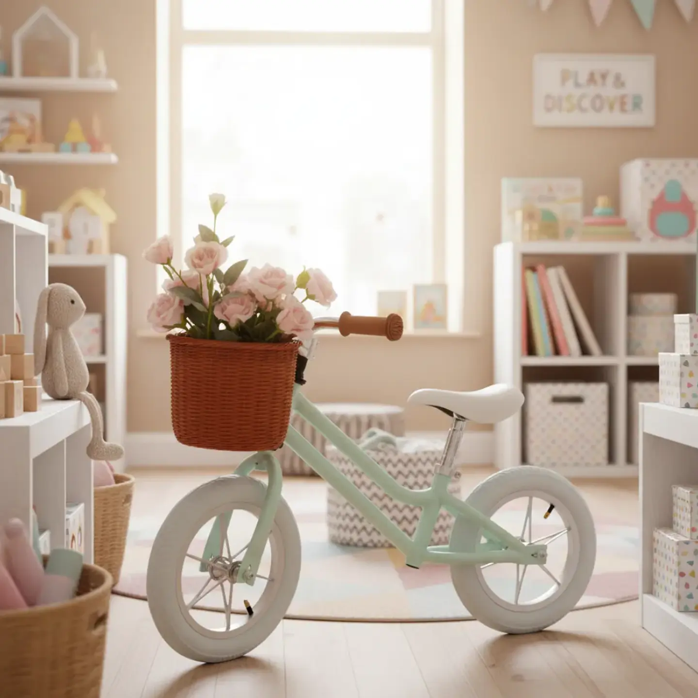 Bicicleta de Equilibrio Vintage Aro 12 para Niñas Celeste con Canasta 3