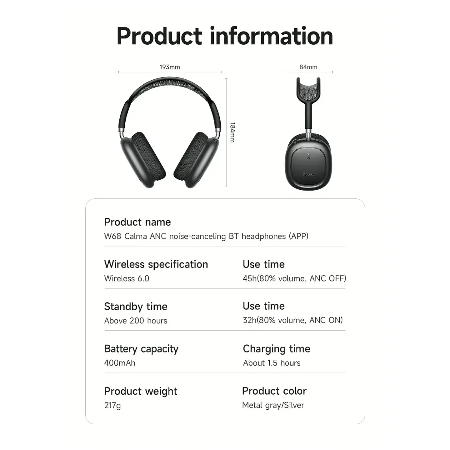 Audífonos Bluetooth Hoco W68 Calma ANC Over-Ear Negros con Cancelación de Ruido y 45H 4