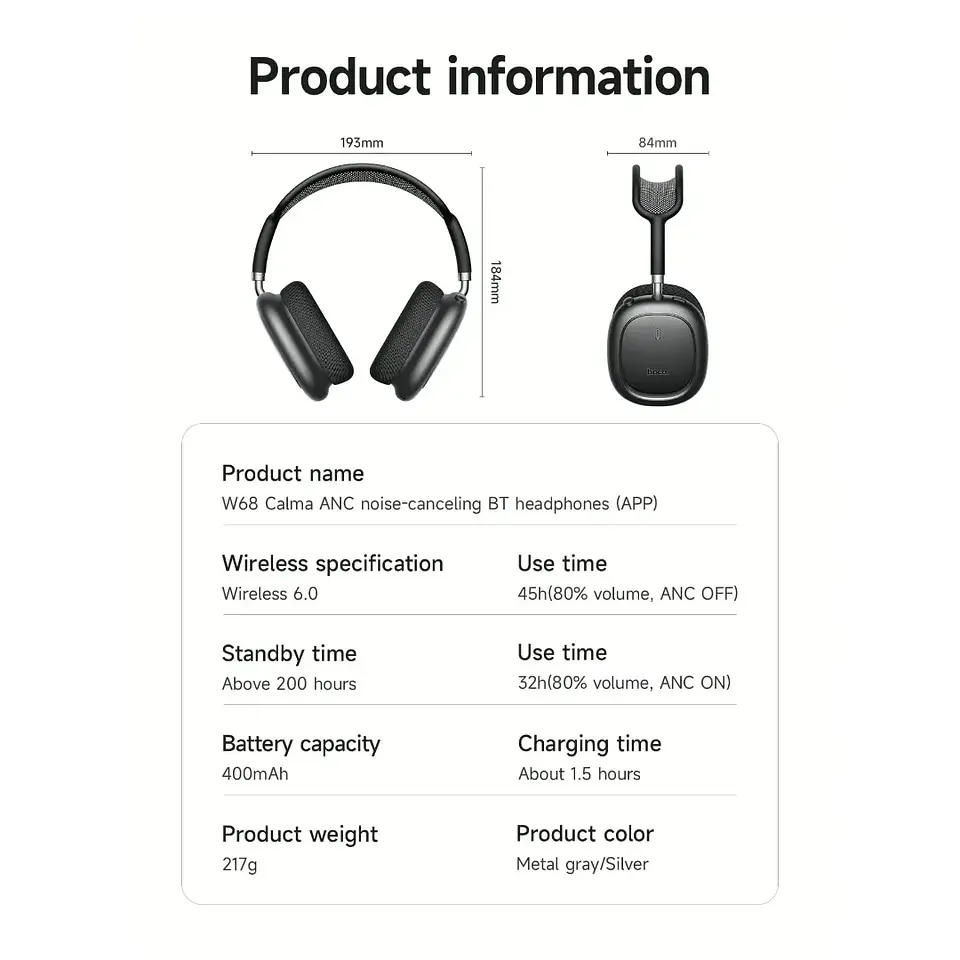 Audífonos Bluetooth Hoco W68 Calma ANC Over-Ear Negros con Cancelación de Ruido y 45H 4