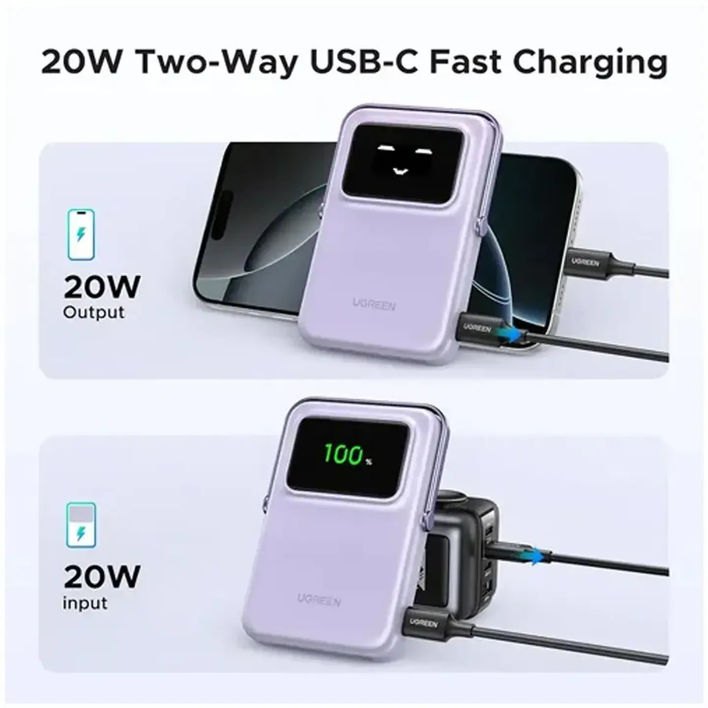 Power Bank UGREEN Magnético Inalámbrico 10000mAh PD 20W con Pantalla TFT y Soporte 3