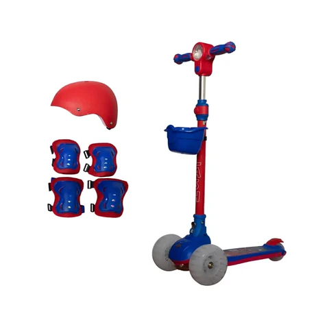 Scooter Infantil Musical LED con Llantas Anchas + Casco, Rodilleras y Coderas de Regalo Azul con Rojo