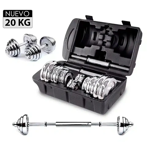 Set de Mancuernas Ajustables 20 kg con Discos Cromados y Barra Adaptadora
