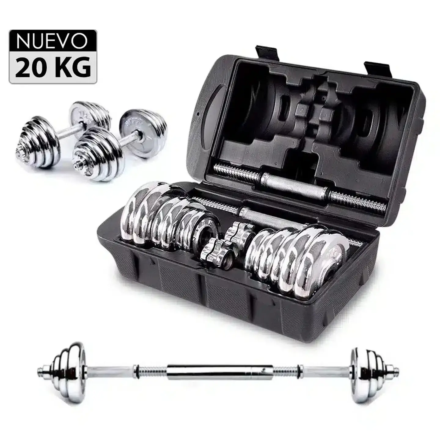 Set de Mancuernas Ajustables 20 kg con Discos Cromados y Barra Adaptadora 1