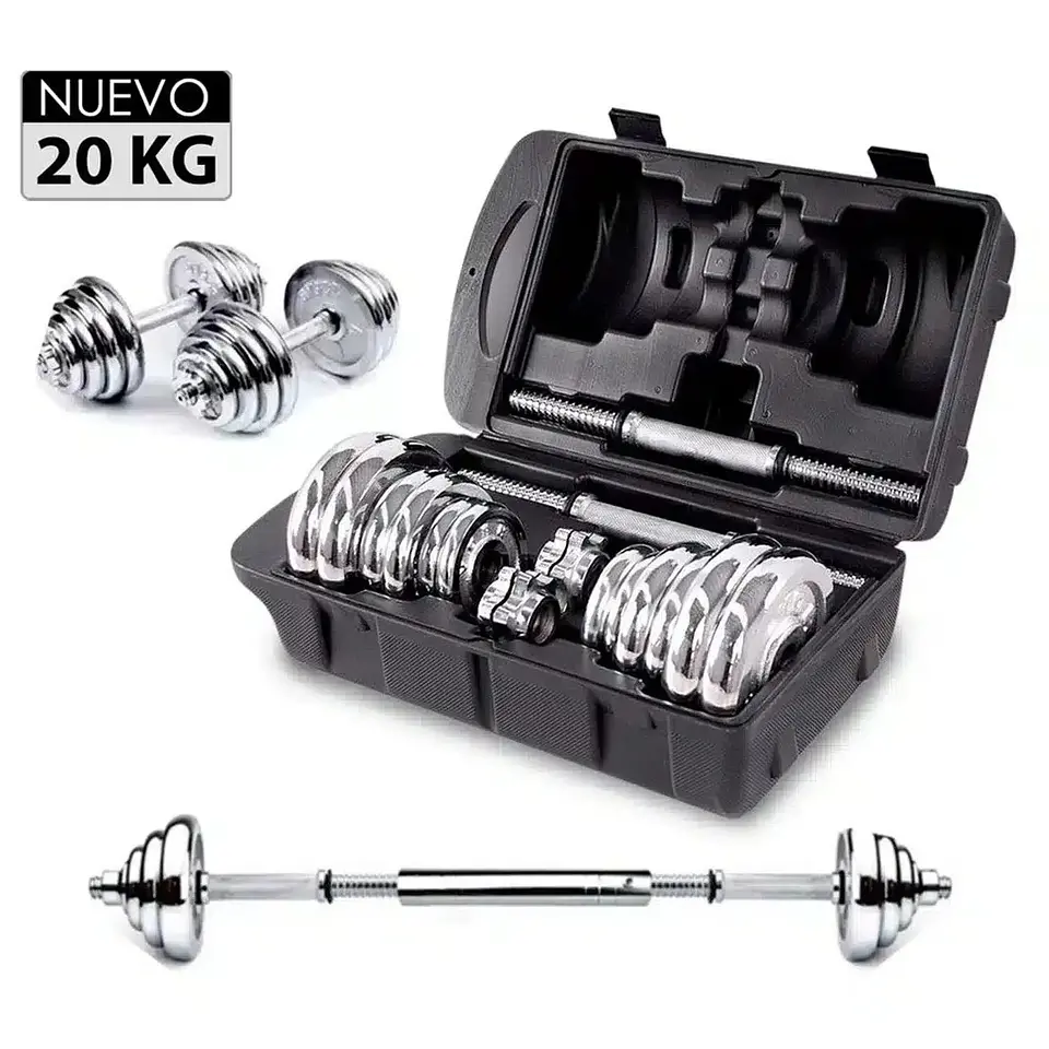 Set de Mancuernas Ajustables 20 kg con Discos Cromados y Barra Adaptadora 1