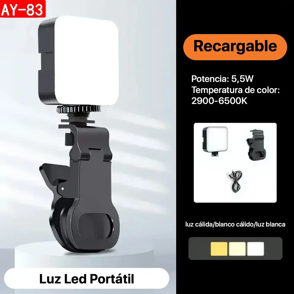 Mini Luz LED RGB AY-83 con Clip Recargable para Fotos y Videos 6