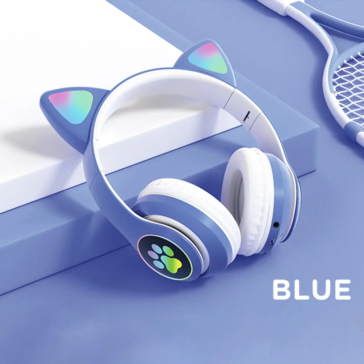 Audífonos Inalámbricos Bluetooth Orejas de Gato Azules – Plegables con Lector SD 2