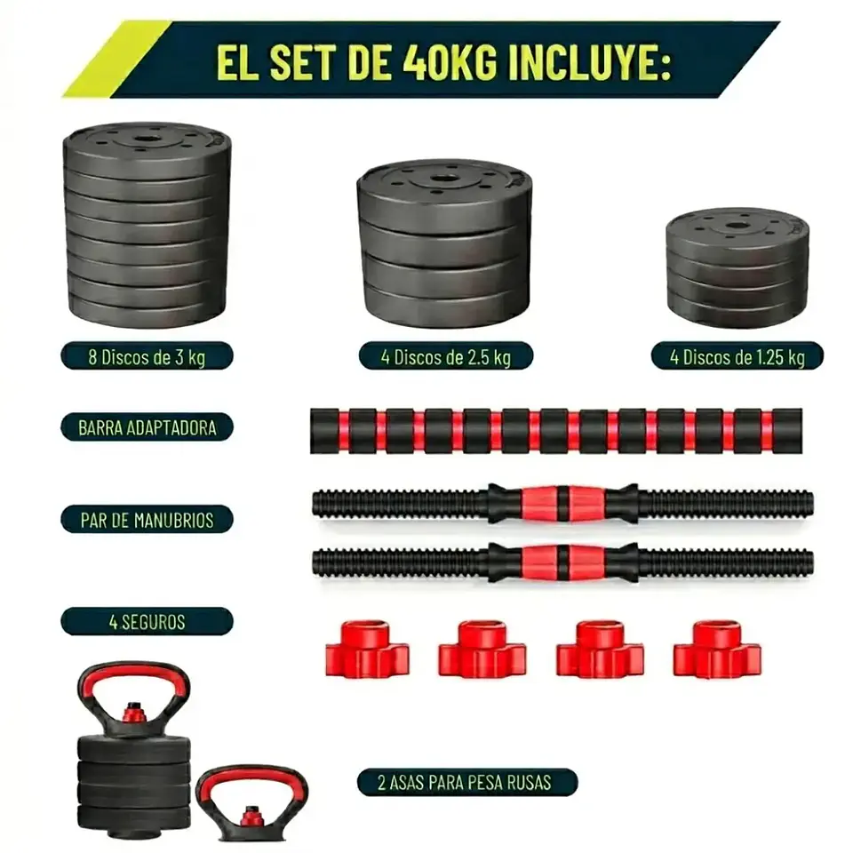 Mancuernas Set 40 kg Convertibles con Barra, Asas y Push Up 3
