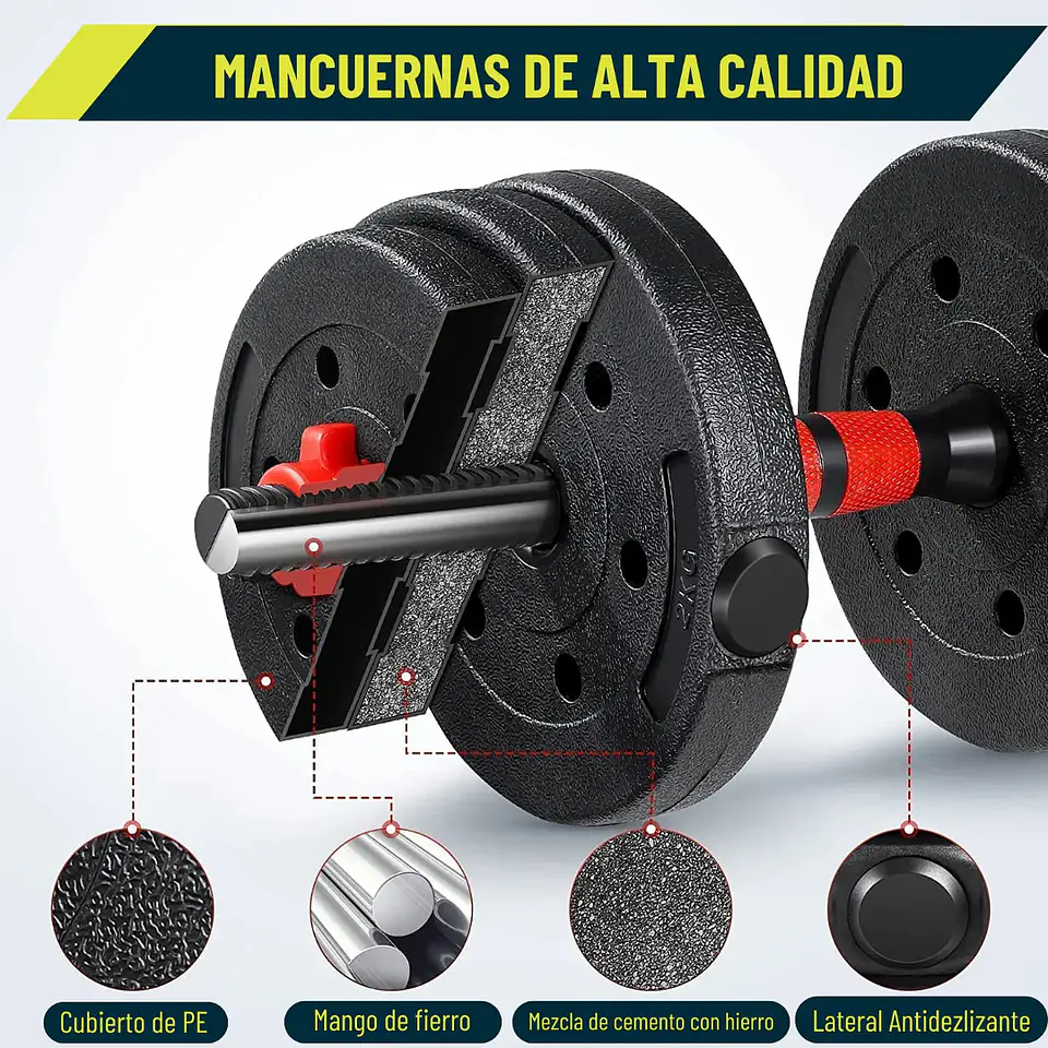 Mancuernas Set 40 kg Convertibles con Barra, Asas y Push Up 4