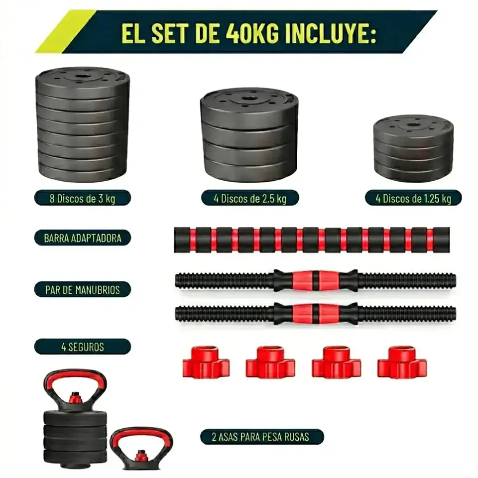 Mancuernas Set 40 kg Convertibles con Barra, Asas y Push Up 3