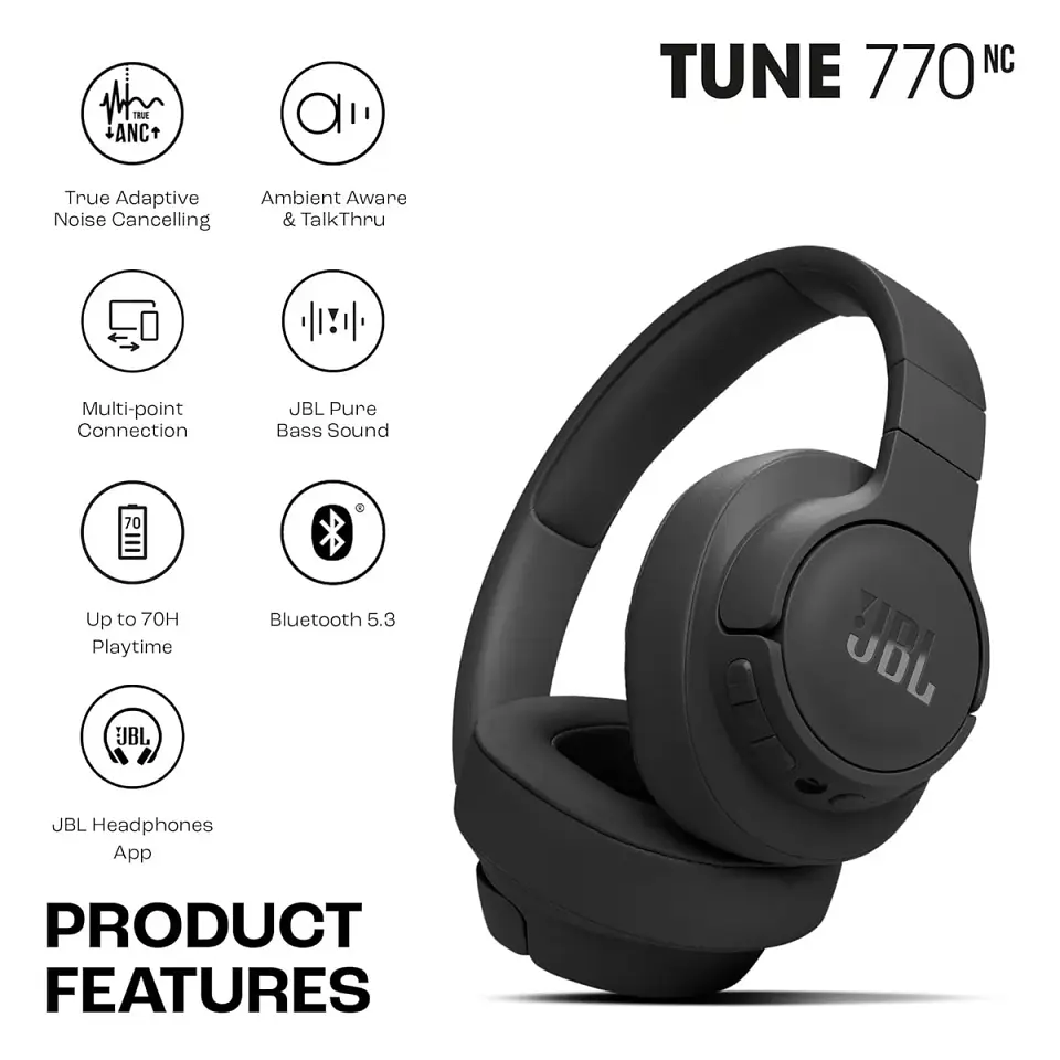 JBL Tune 770NC Bluetooth 5.3 Over-Ear con Cancelación de Ruido – Negro 2