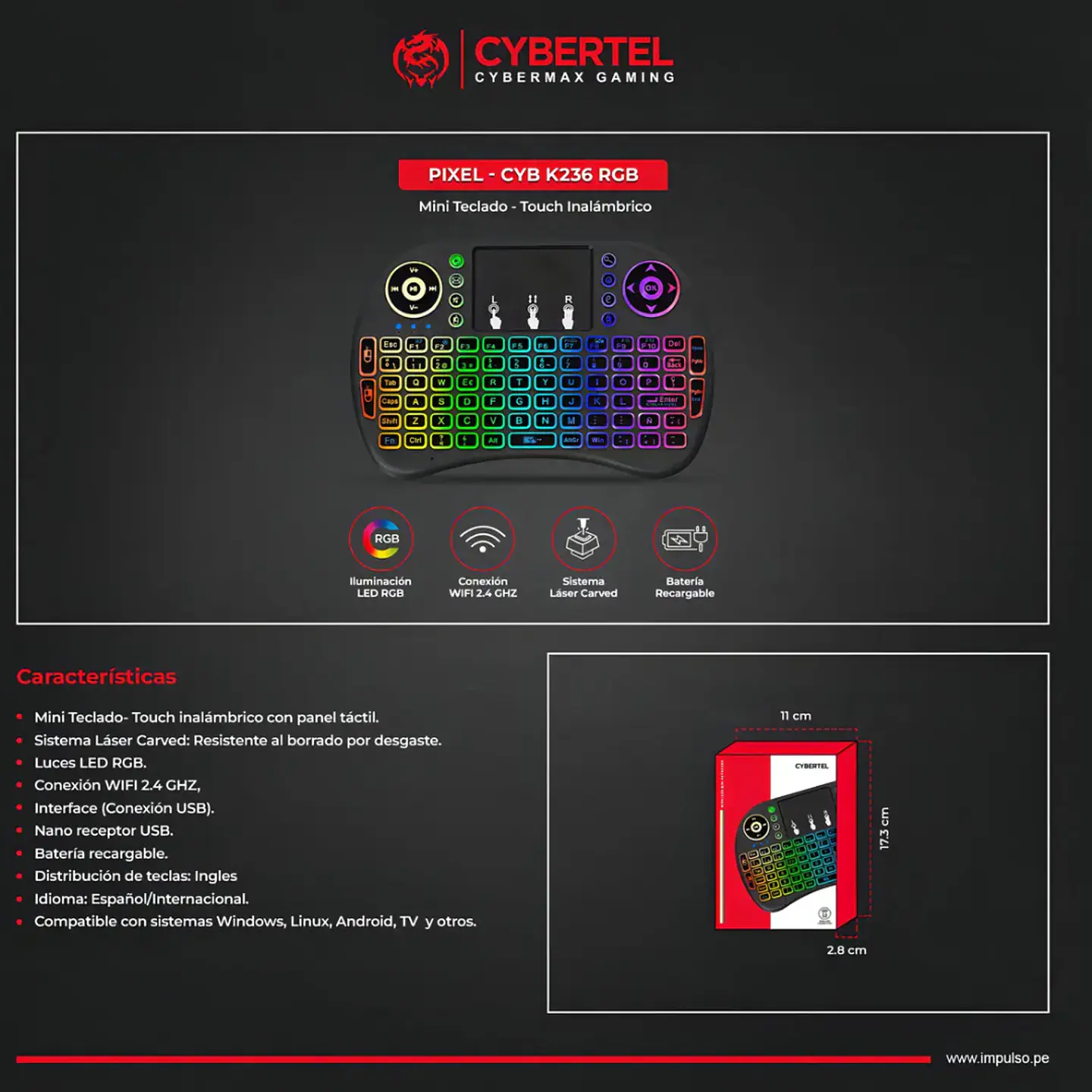 Mini Teclado Inalámbrico Cybertel Pixel K236RGB con Panel Táctil y RGB 3