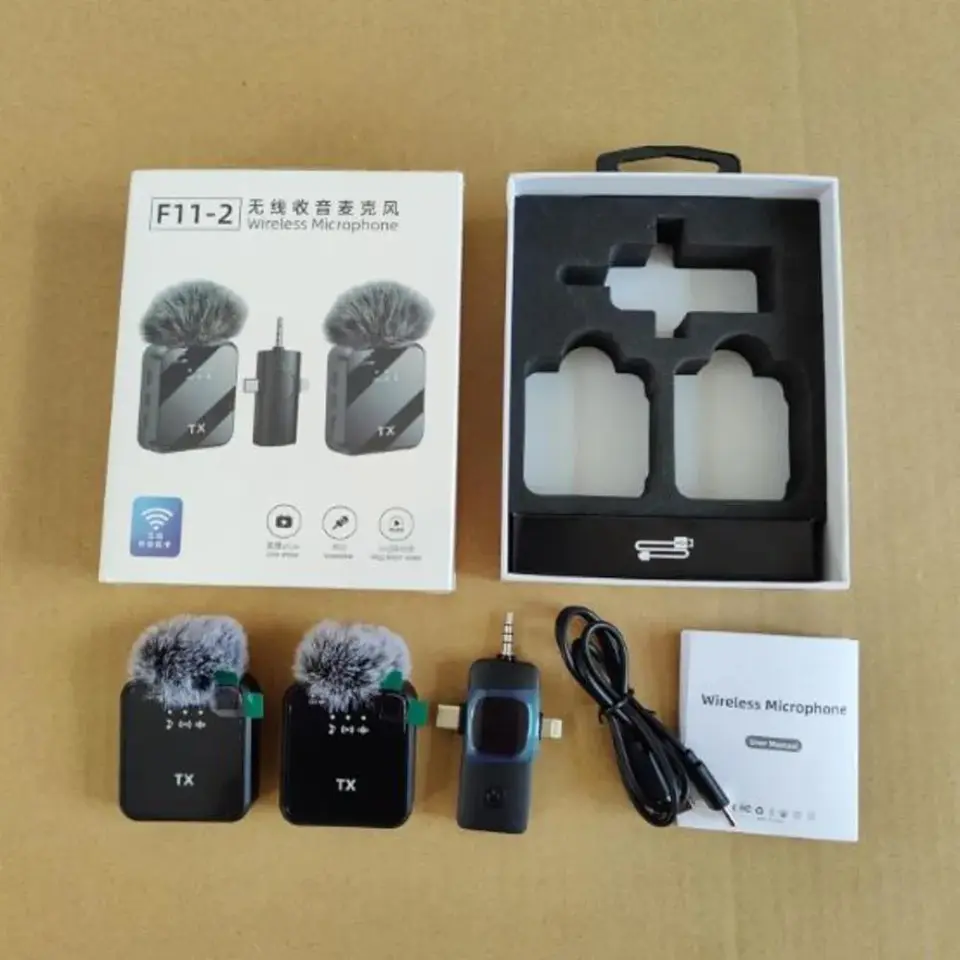 Micrófono Inalámbrico Solapero F11-2 Dual 3 en 1 USB-C Lightning 3.5 mm 2
