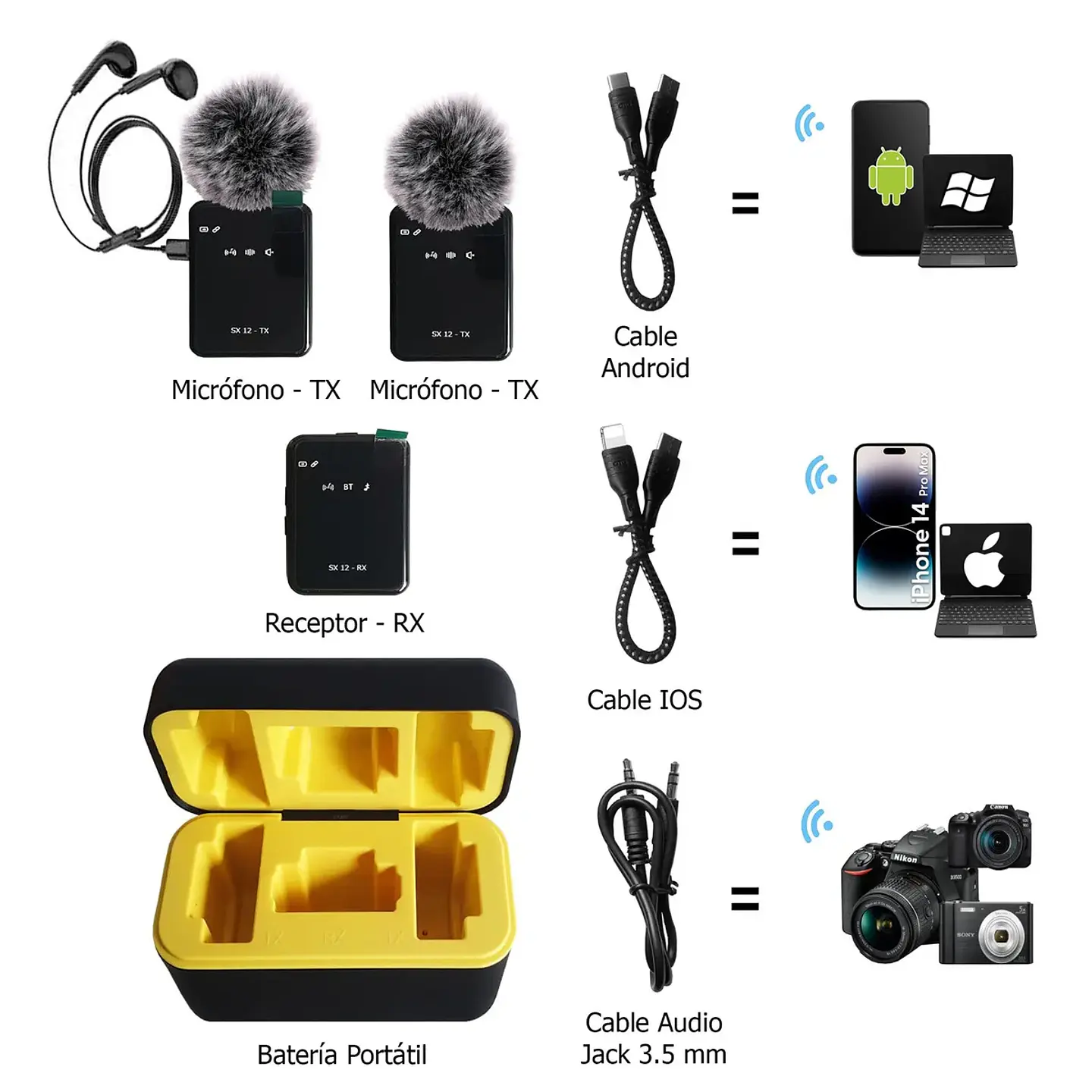 Micrófonos Inalámbricos Dual SX12 3 en 1 Tipo C, Lightning y Jack 3.5 mm 6