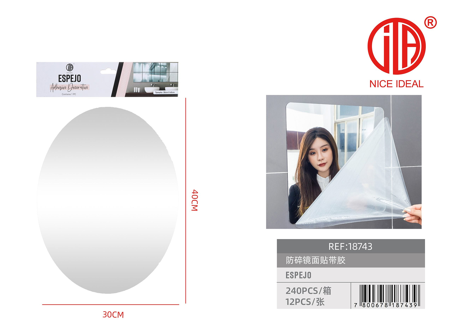 Espejo C/Adhesivo Forma Ovalado 30X40Cm 1