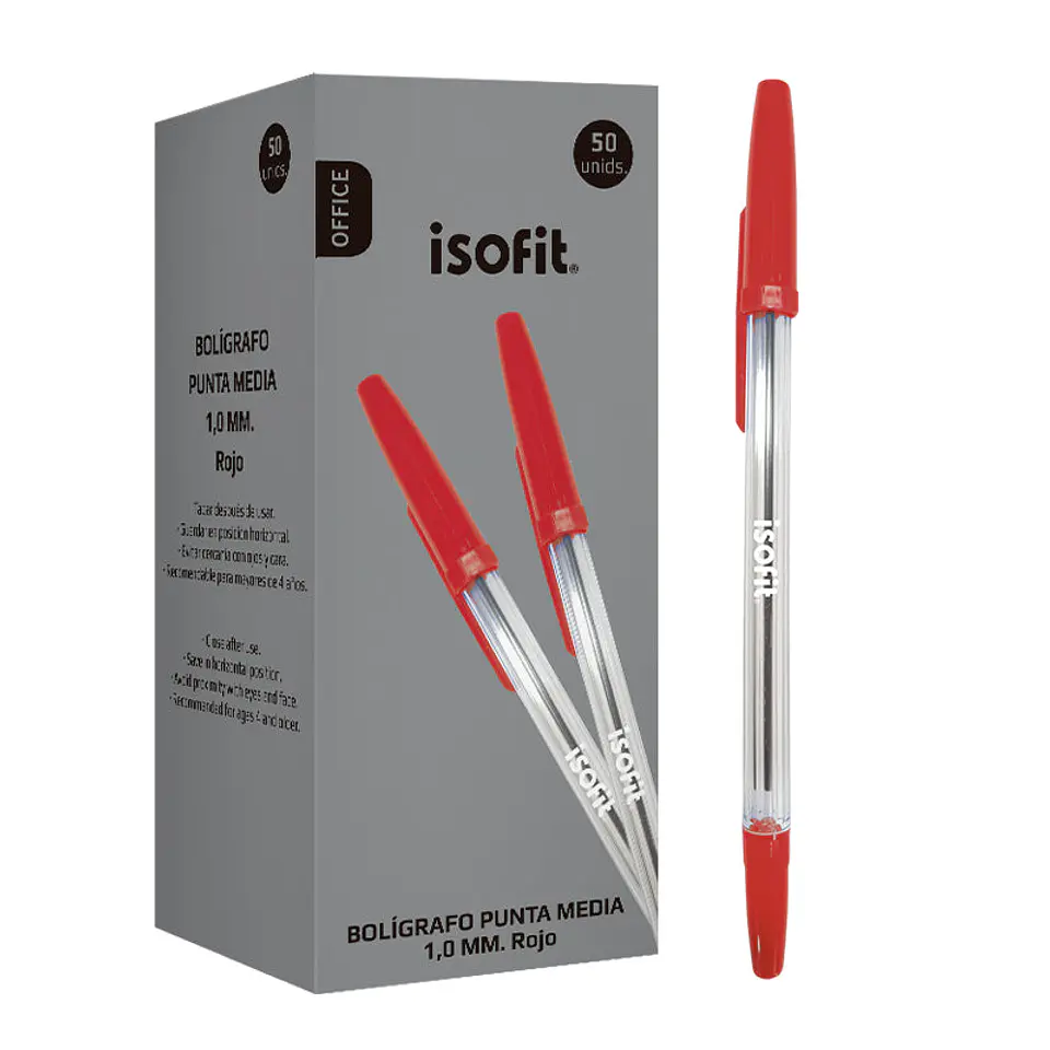 Caja Bolígrafo Lápiz Pasta 1.0Mm Punta Media Color Rojo 50uni Isofit 1