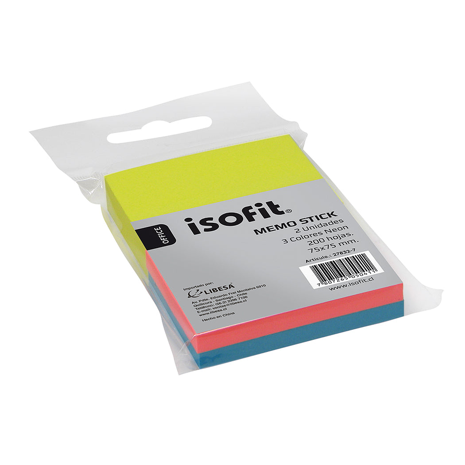 Blister Block 2 Memo Stick 38X51 3 Col Neon Isofit 1