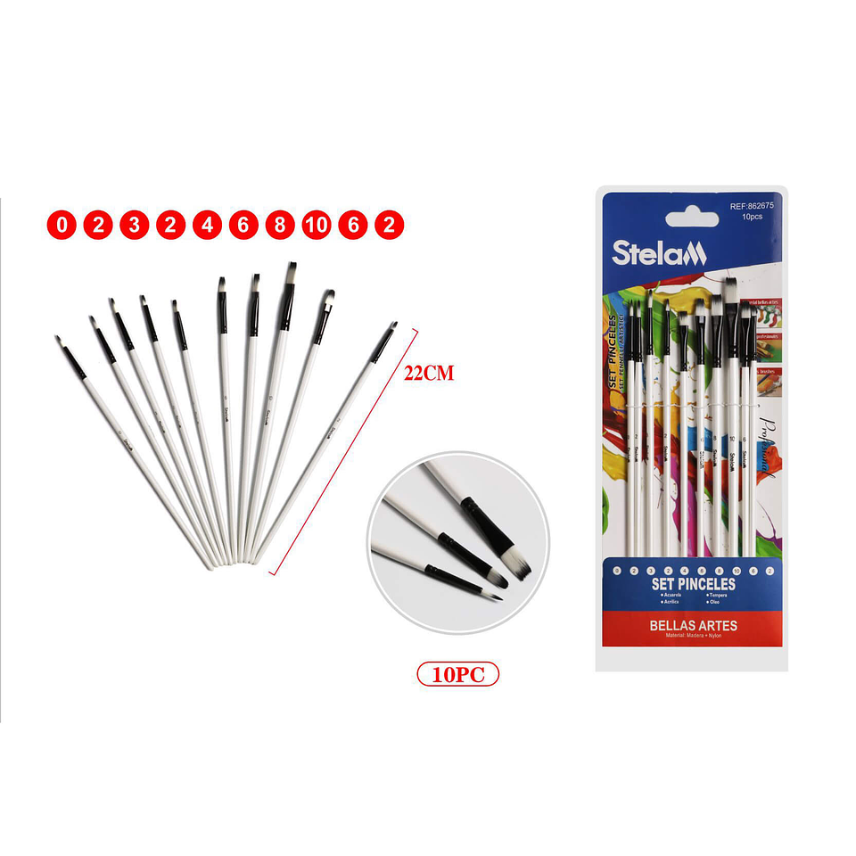 Set 10 Pinceles 0 2 3 4 6 8 10 Pelo Artificial Blanco Stelam 1