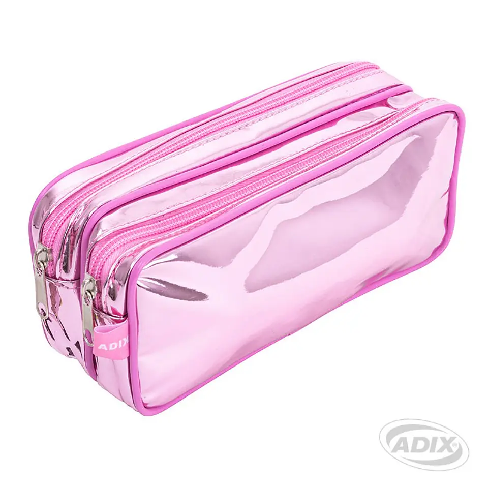 Estuche Escolar Doble Cierre Metalizado Color Rosado Adix 1