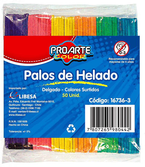 Palos de Helado Delgado Colores 50 unidades Proarte