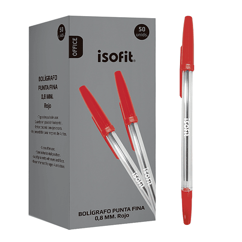 Caja Boligrafo Lapiz Pasta 0.8 Mm Pta Fina Color Rojo 50uni