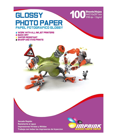 Papel Fotografico Glossy Brillante A4 135grs 100hjs Imprink