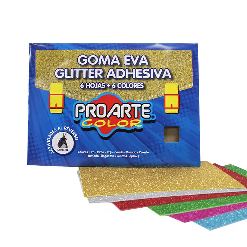 Estuche Sobre Bolsón Goma Eva Glitter Adhesiva 6 hojas 6 colores Proarte 1